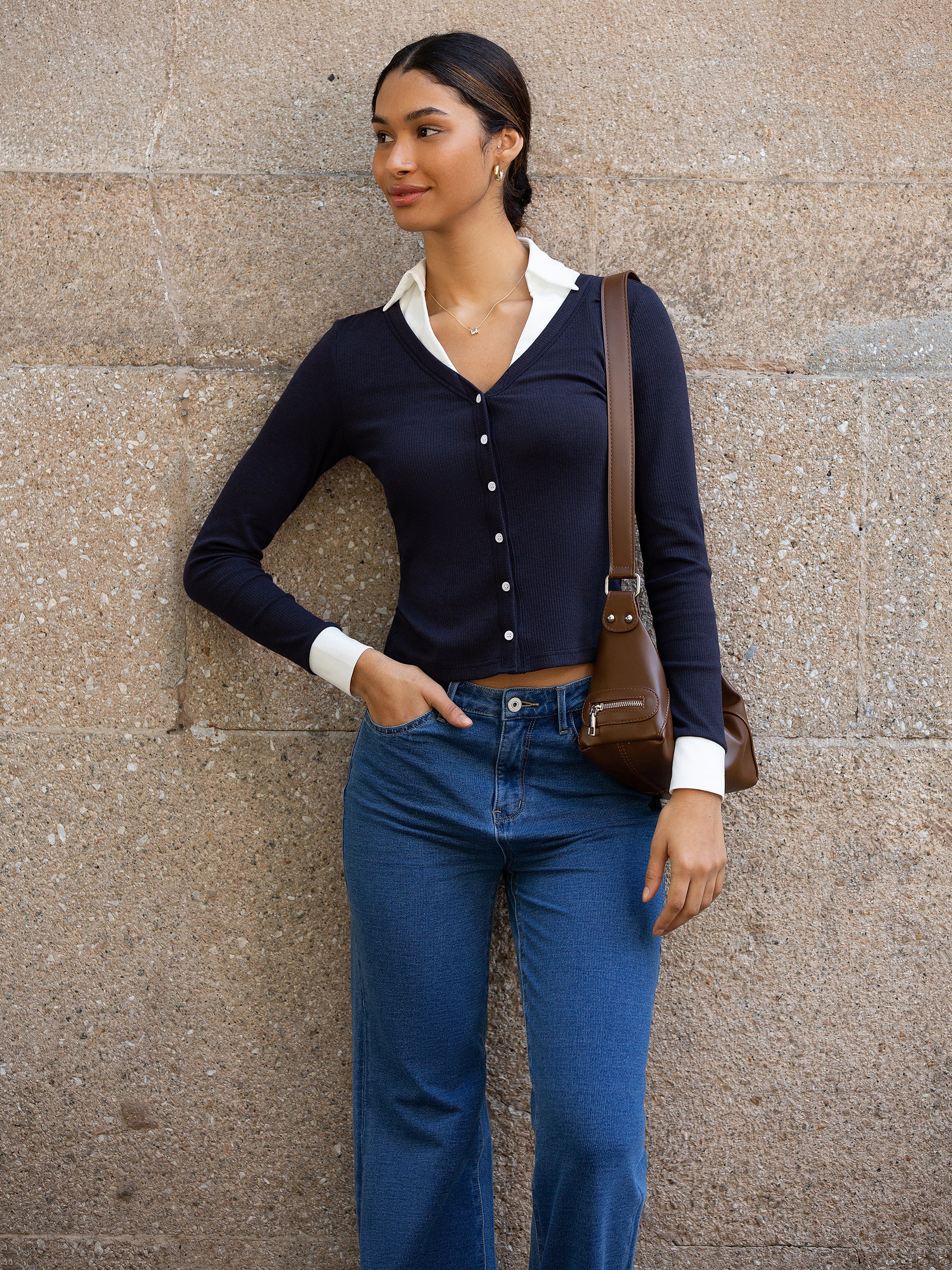 Contrast Button-Down Top - Navy