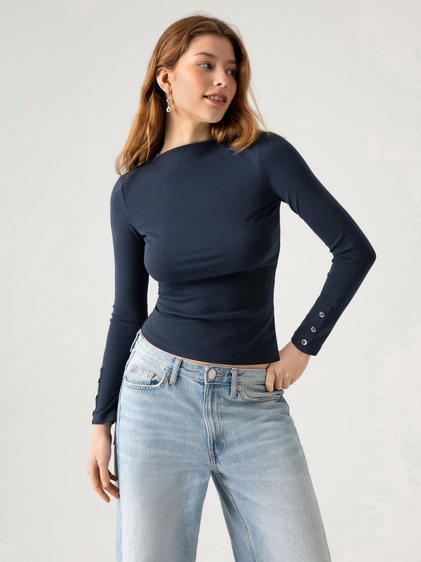 Cotton Fine-Rib Fitted Boatneck Long SleeveT-Shirt