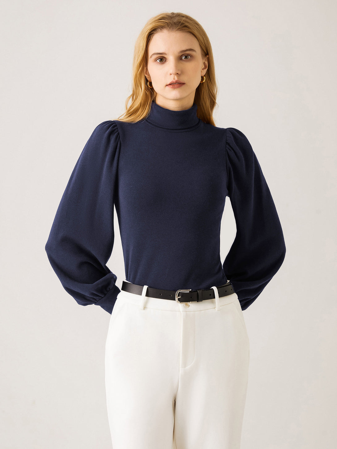 Turtleneck Puff Sleeve Top Midnight Navy XS