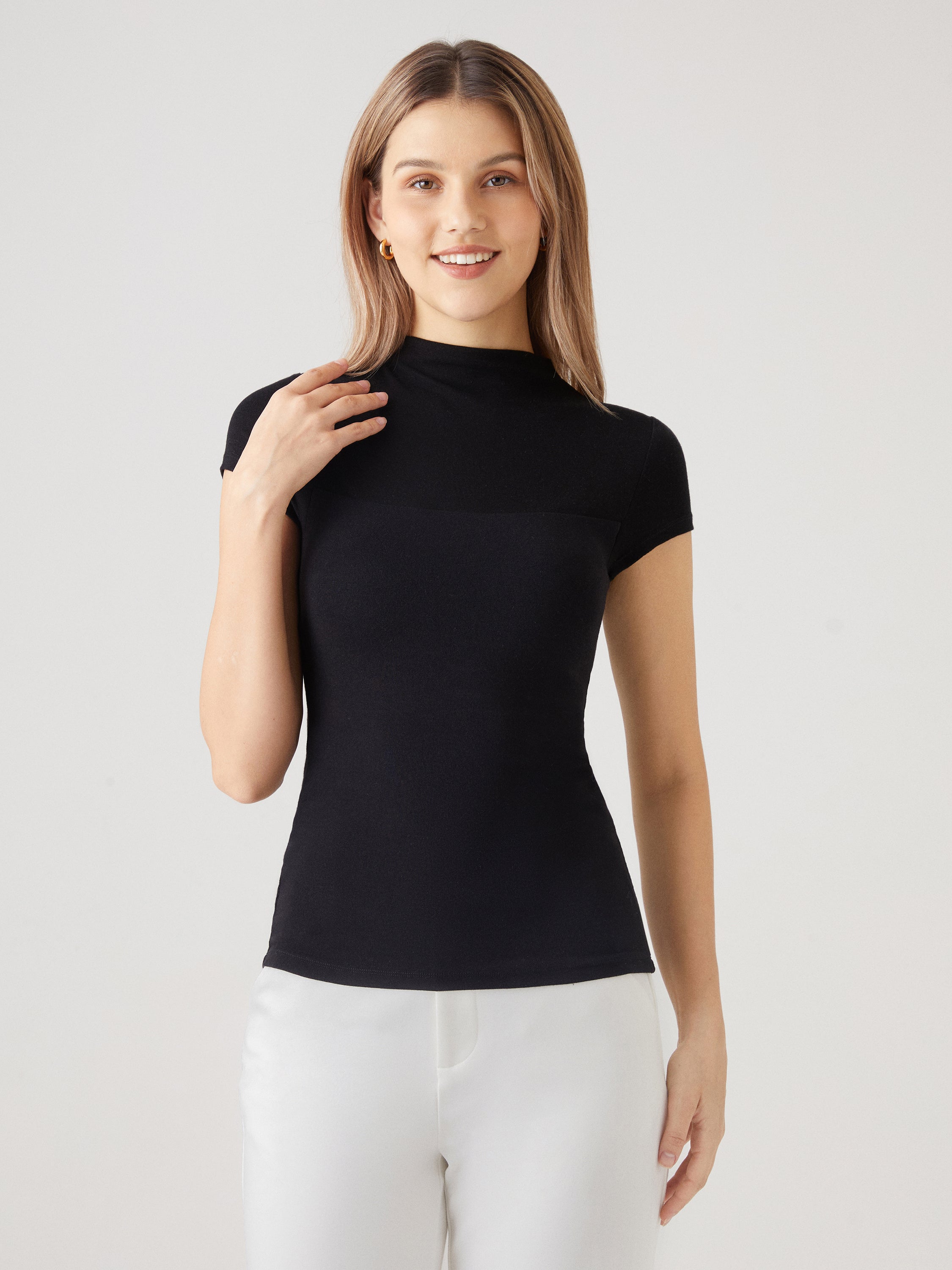 Tencel Wool Semi-Sheer Mockneck Cap Sleeve Brami Top - Black