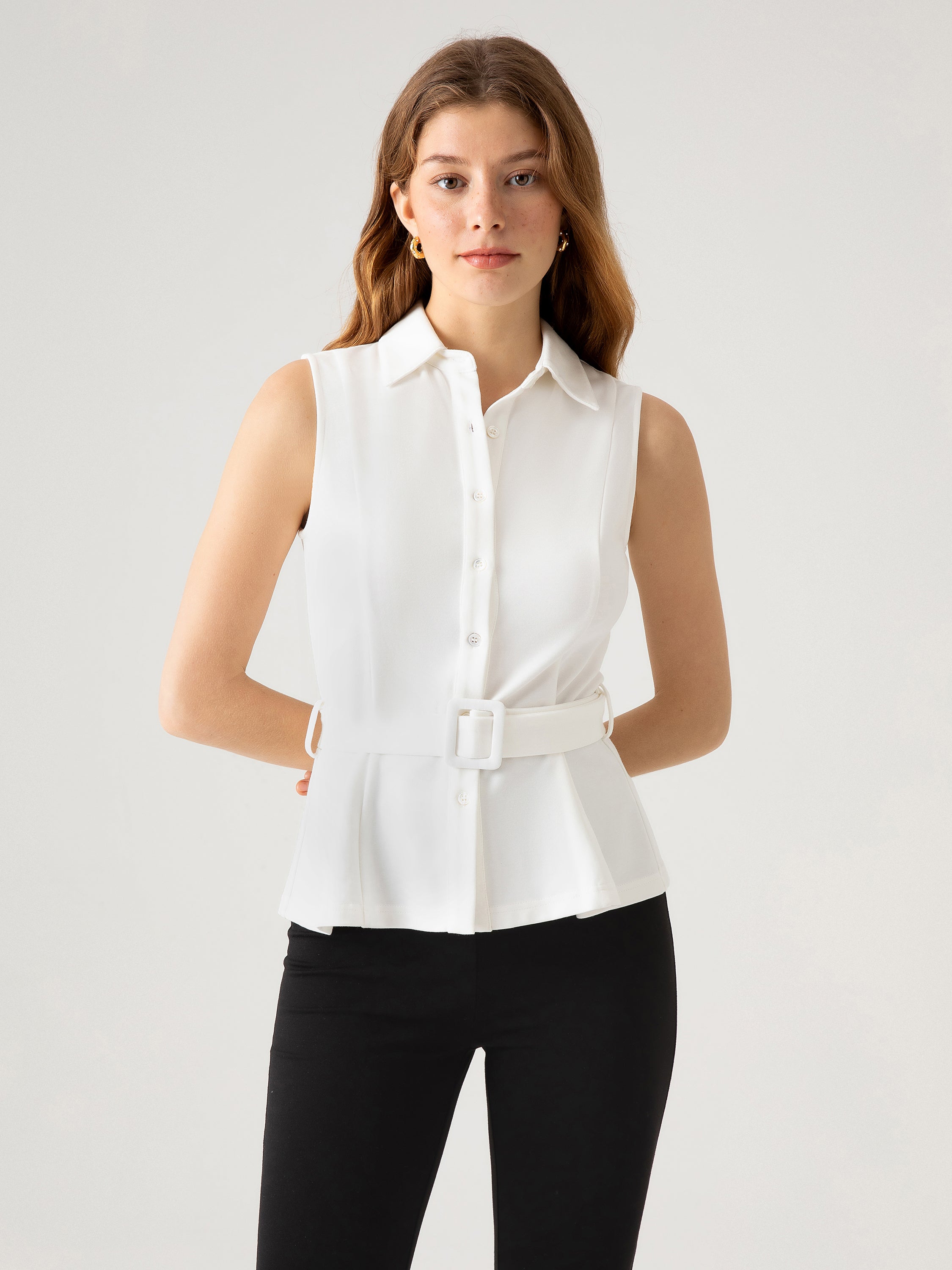 Belted Sleeveless Shirt - Sand Tan