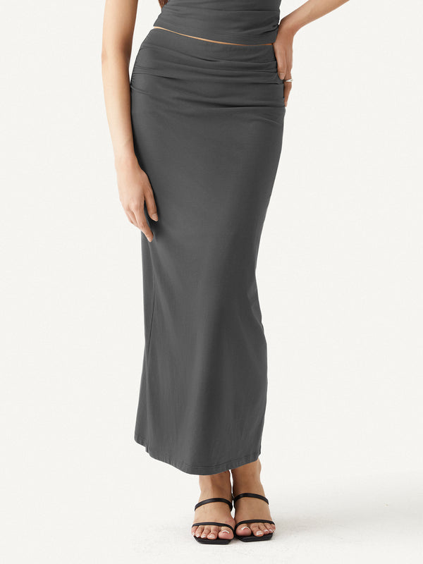 Cotton Jersey Ruched Side Pencil Maxi Skirt