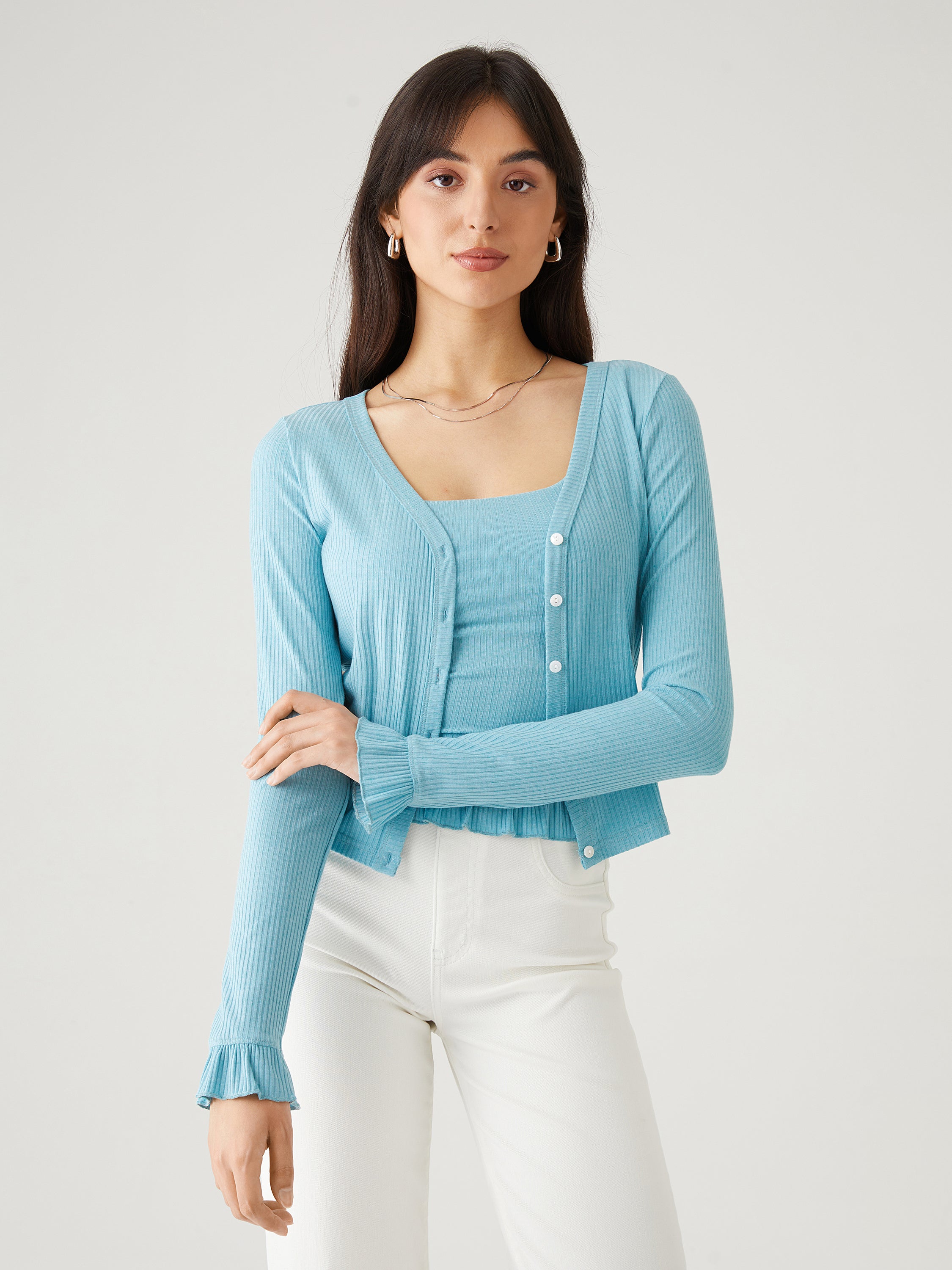 Cool Rib Ruffle Sleeve Button-Down Cardigan - Salt Blue