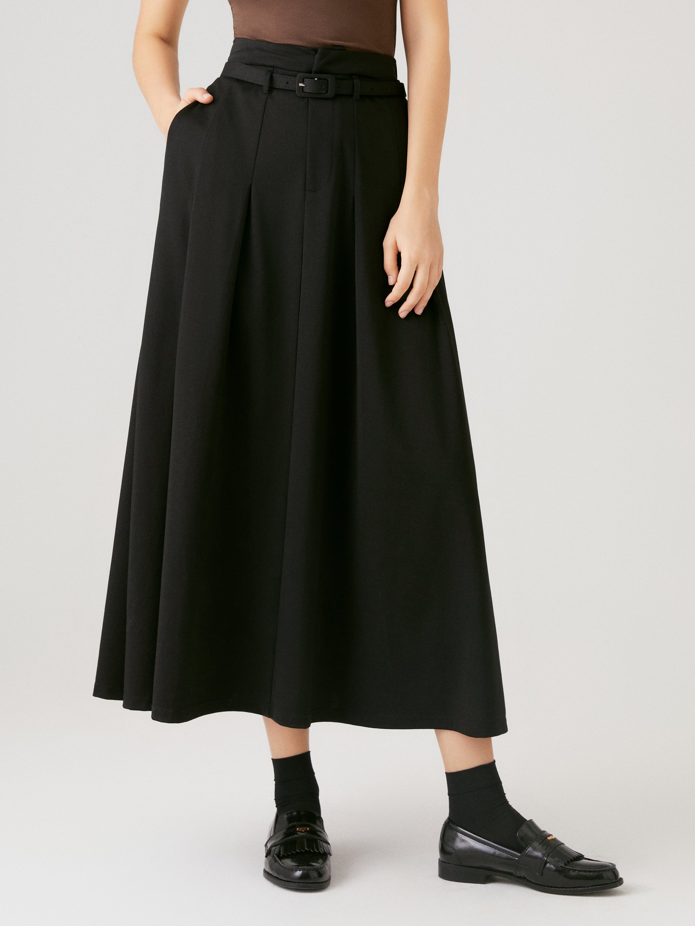 Pin-Tuck Midi Skirt with Belt - Black