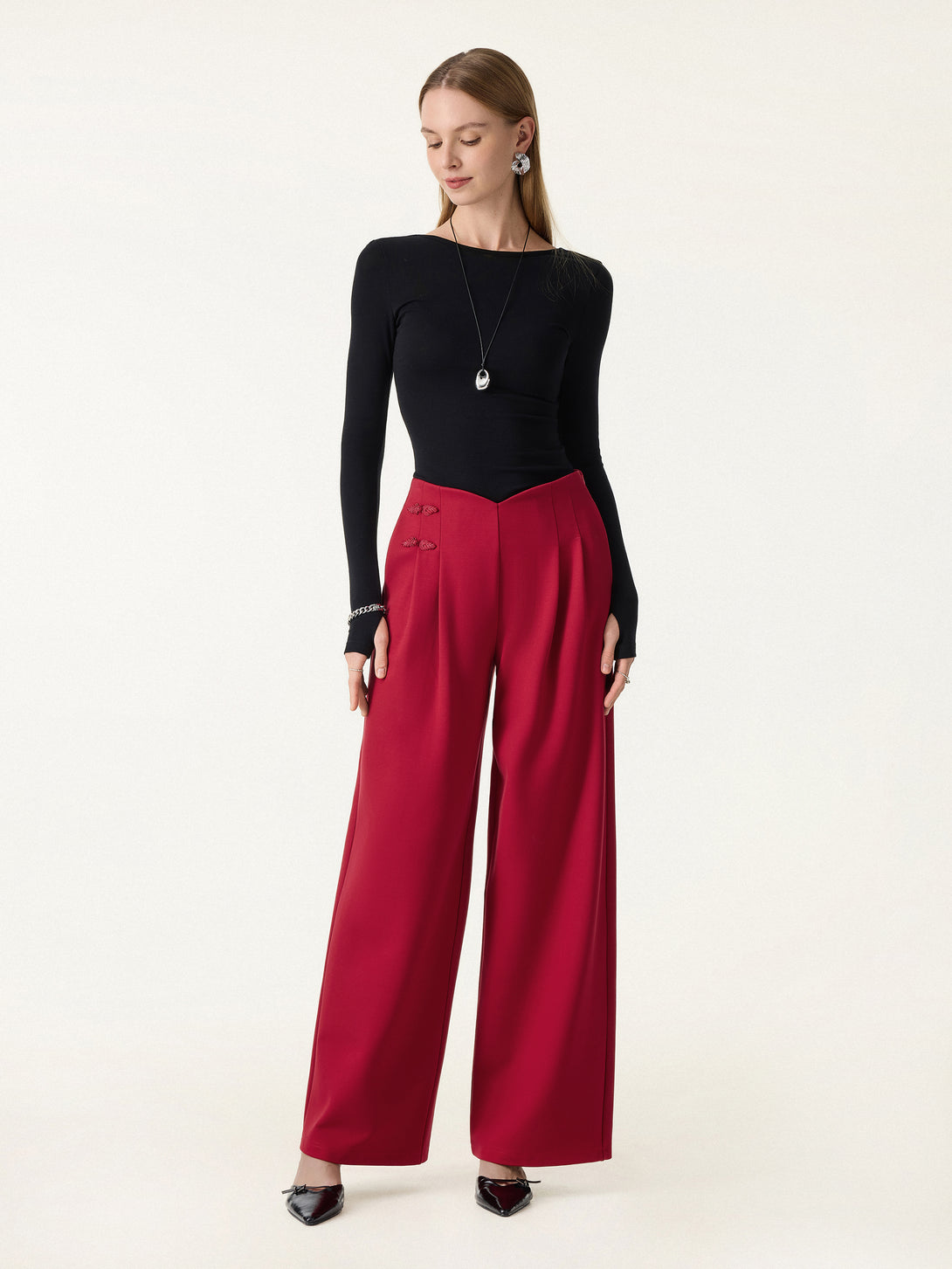 Statement Frog Button High Rise Wide Leg Pants with Pockets Regular Retro Red