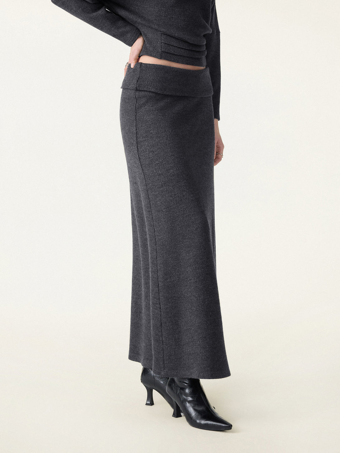 Cozy Ribbed Fold-Down Waistband A-line Maxi Skirt
