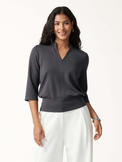 OGLmove Lyocell Spacer Knit V-Neck Elbow Sleeve Banded Top Blue Charcoal XXS