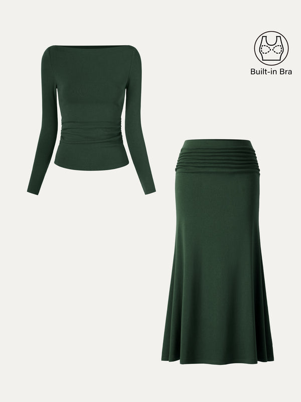 OGLmove 2Pcs Set Boatneck Built-In Bra Top 2.0 & Mid-Rise Ruched Flared Midi Skirt