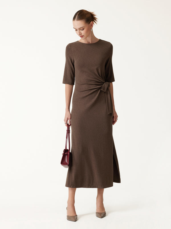 OGLmove Slub Ribbed Round Neck Elbow Sleeve Tie-Waist Midi Dress