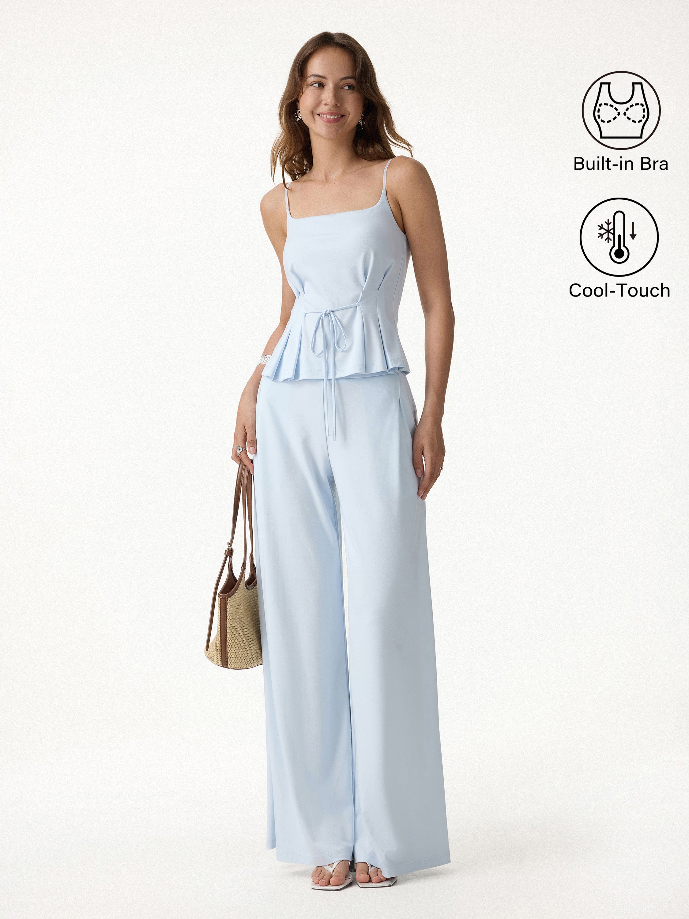 2Pcs Set Spaghetti Brami & Wide Leg Pants with Pockets