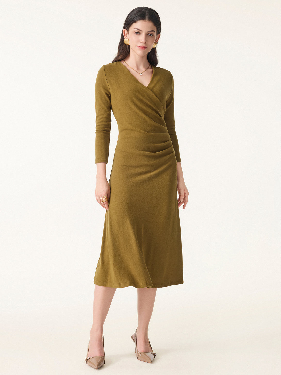 Slimming Surplice 3/4 Sleeve Midi Dress Old Brass XS