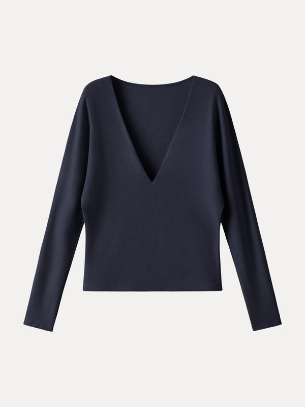 Non-Itch Lyocell Wool Relaxed V-Neck Batwing Sleeve Top