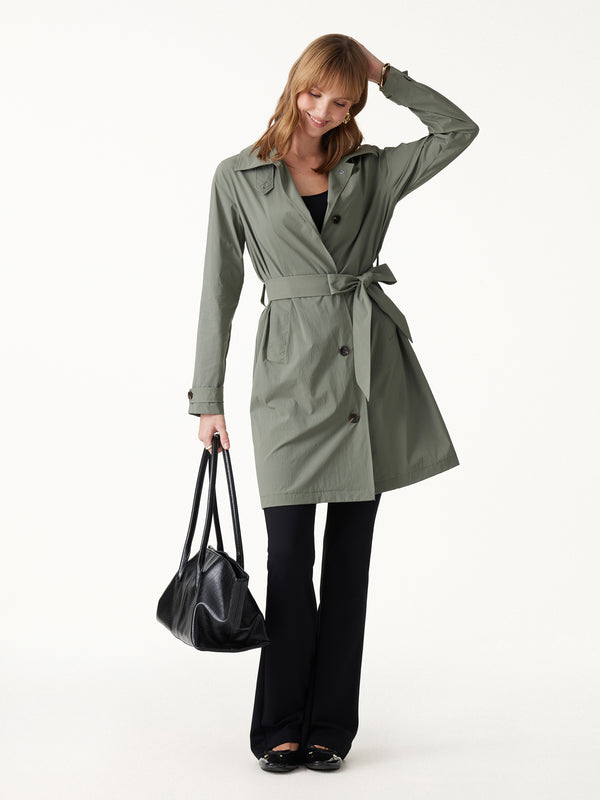 OGLmove Lightweight Water-Repellent Notched Collar Trench Coat with Pockets Dry Sage Green XXS