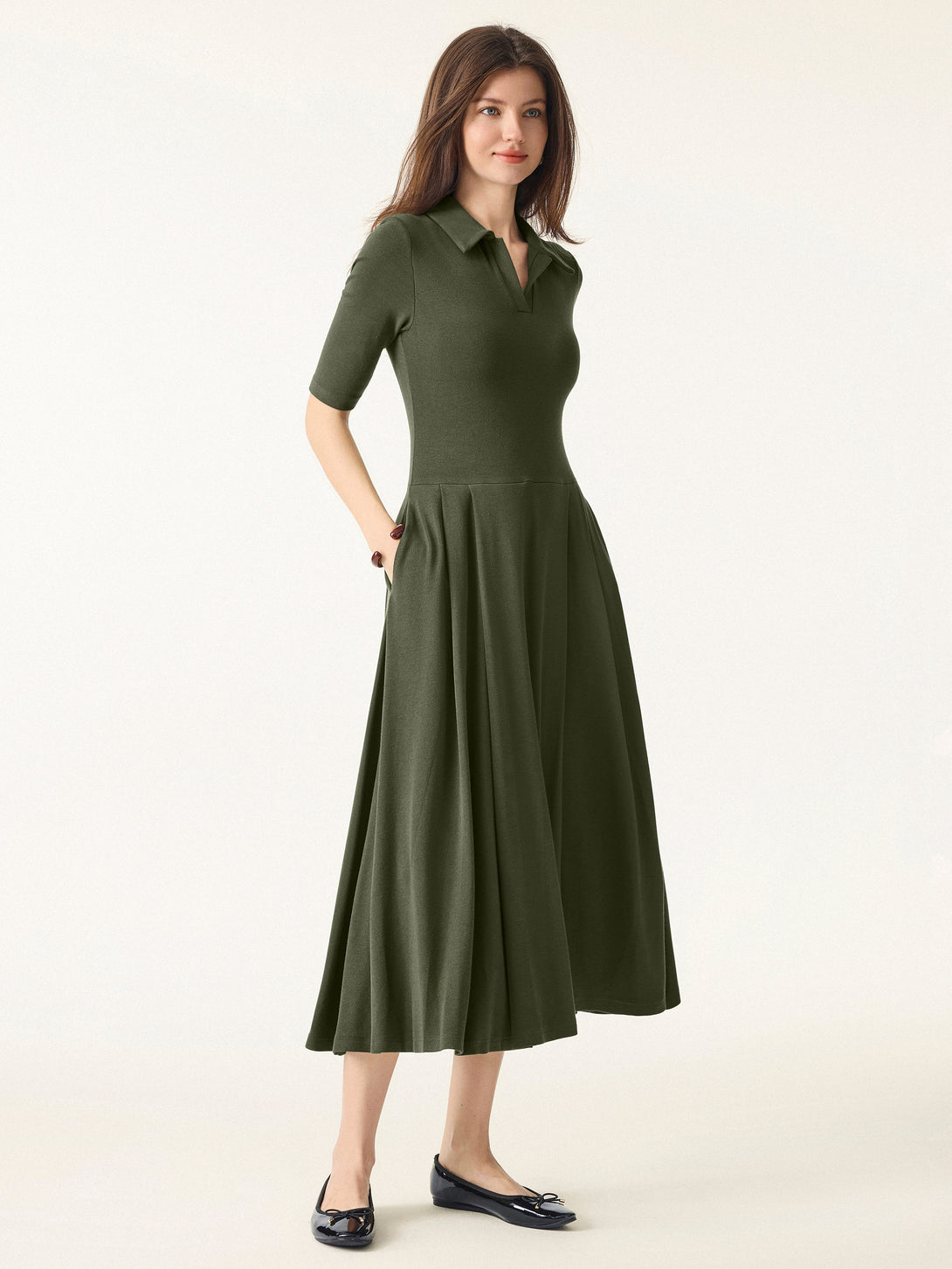 Polo Neck Elbow Length Sleeve Midi Brami Dress with Pockets
