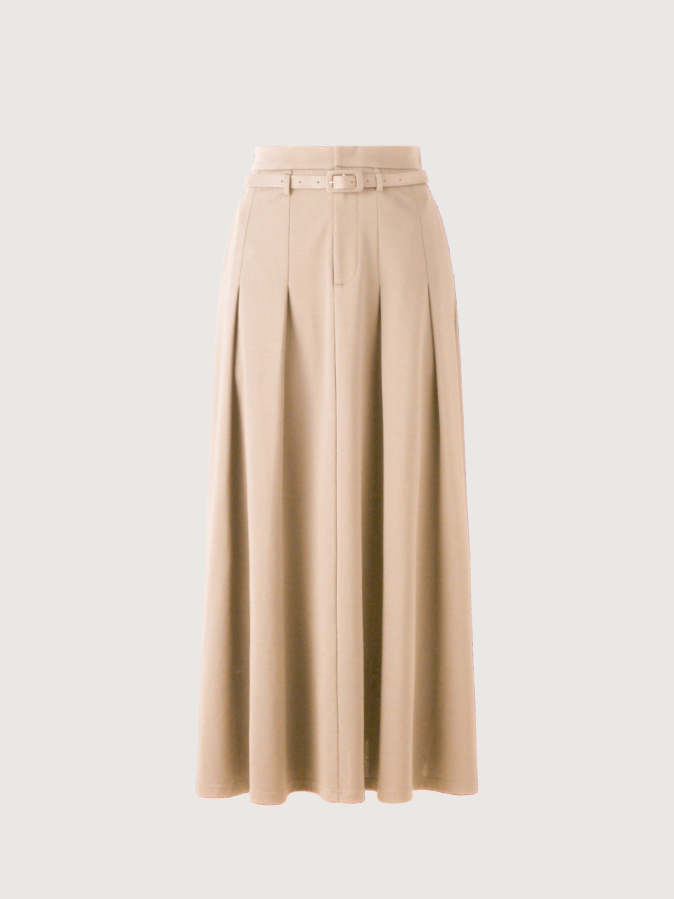 Pin-Tuck Midi Skirt with Belt - Beige