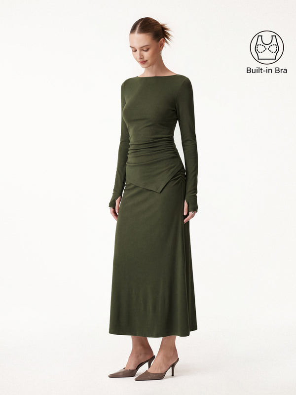 OGLmove 2Pcs Set Asymmetrical Built-In Bra Top 2.0 & Mid-Rise Ruched Flared Midi Skirt Deep Olive XXS