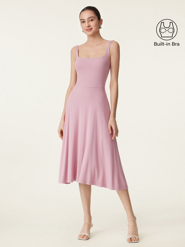 Women's Square Neck Midi Dress - Sleeveless Regular Fit Casual Gown Sahara/S OGLmove Women's Square Neck Midi Dress - Sleeveless Regular Fit Casual Gown Sahara/S OGLmove