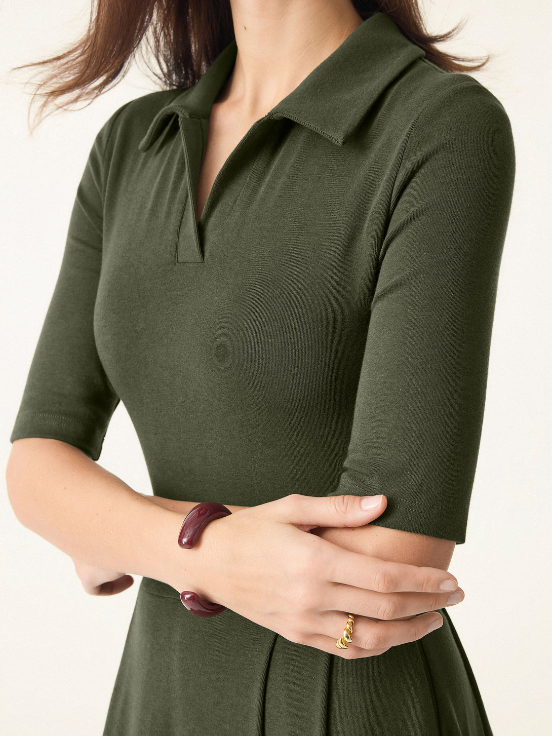 Polo Neck Elbow Length Sleeve Midi Brami Dress with Pockets