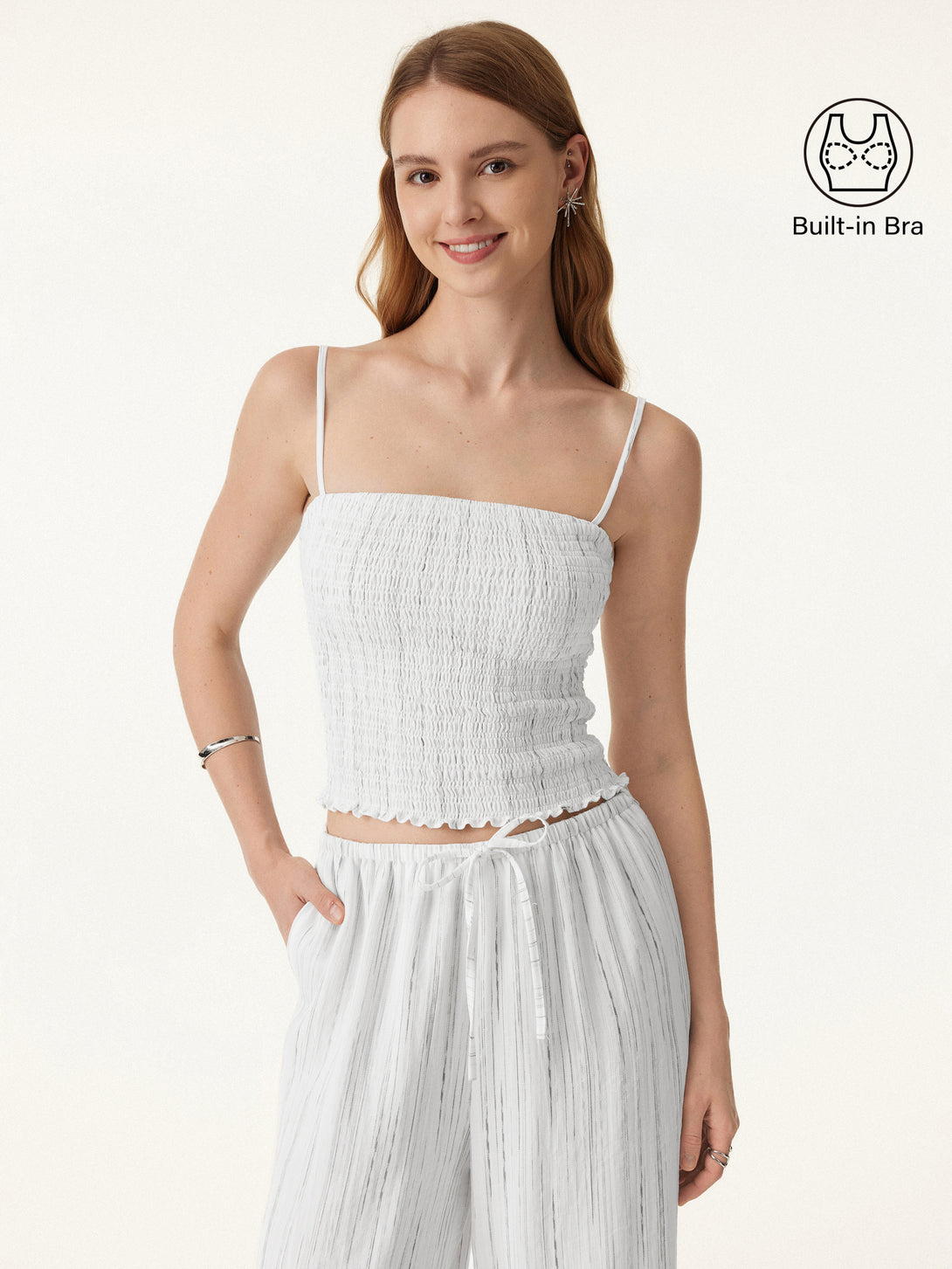 Striped Smocked Adjustable Spaghetti Brami Off White Stripe XS