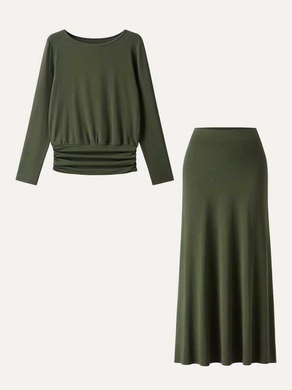 2Pcs Set Light Warm Round Neck Side Ruched Top & Pull-on Circle Flared Maxi Skirt