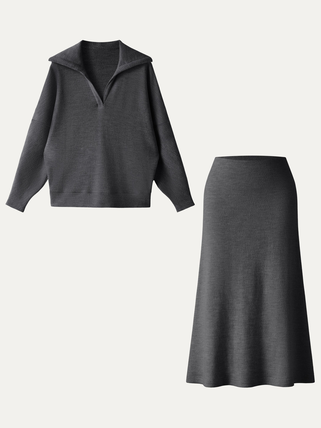 2Pcs Set Collared V-Neck Batwing Sleeve Pullover & Ribbed Midi Pull-on Skirt