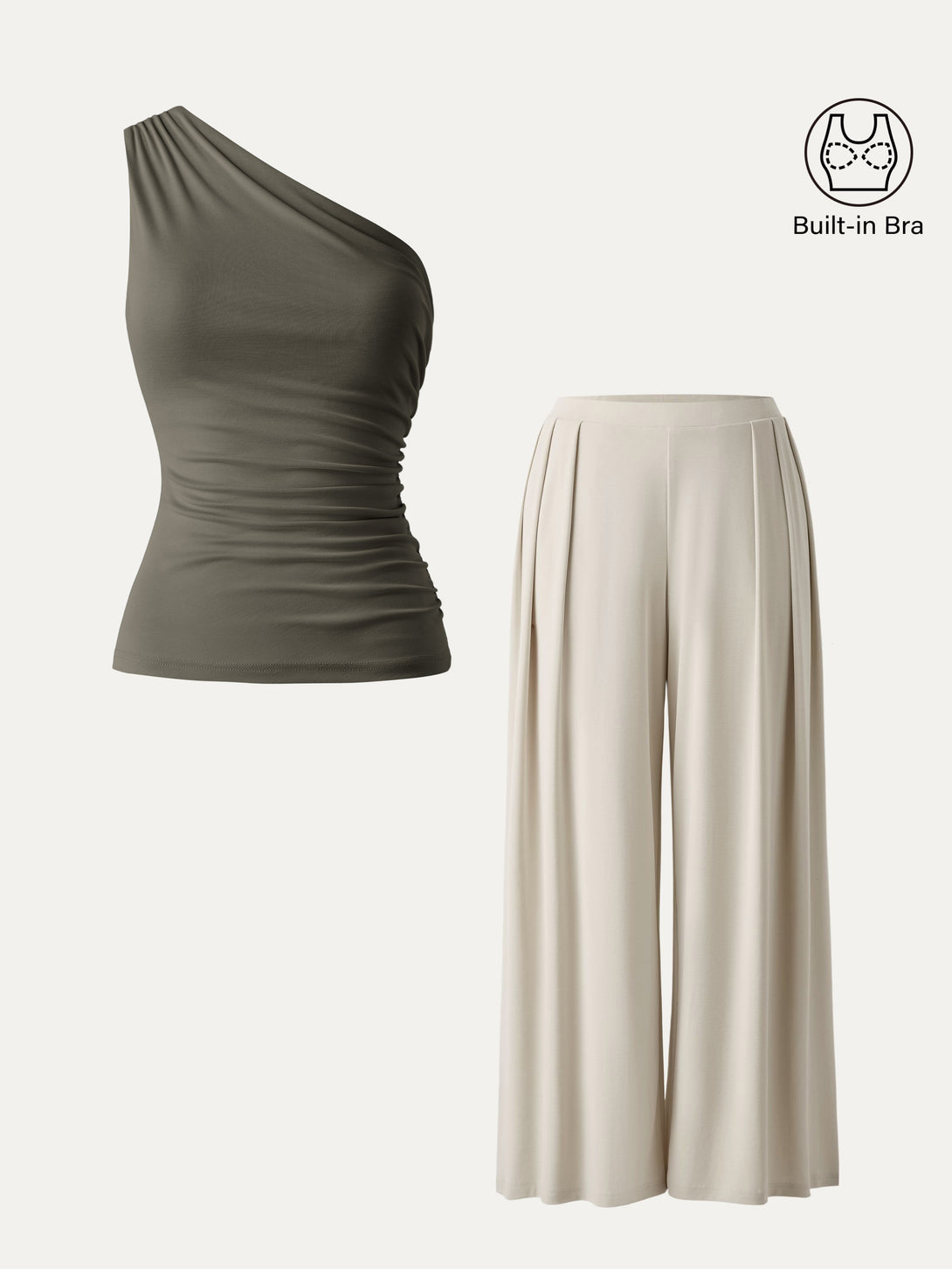 2Pcs Set Sandwashed Ruched Brami & Mid Rise Wide Leg Palazzo Pants with Pockets Forest Olive/Morning Mist XS