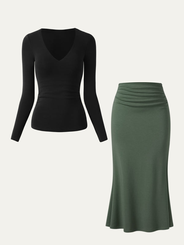 2Pcs Set V-Neck Brami Top & Mermaid Maxi Skirt