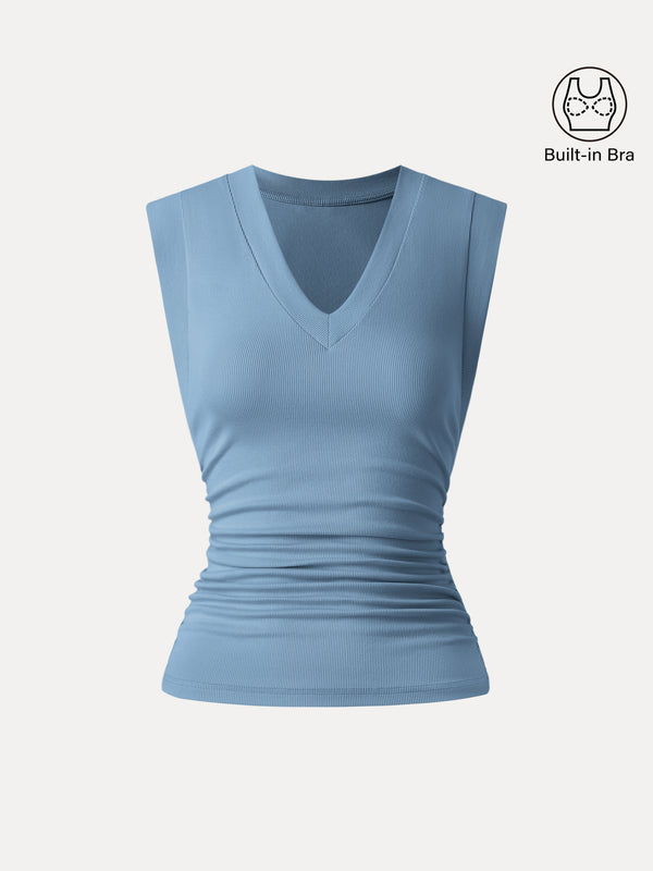 Stretch Cotton V-neck Side Ruched Muscle Brami Top