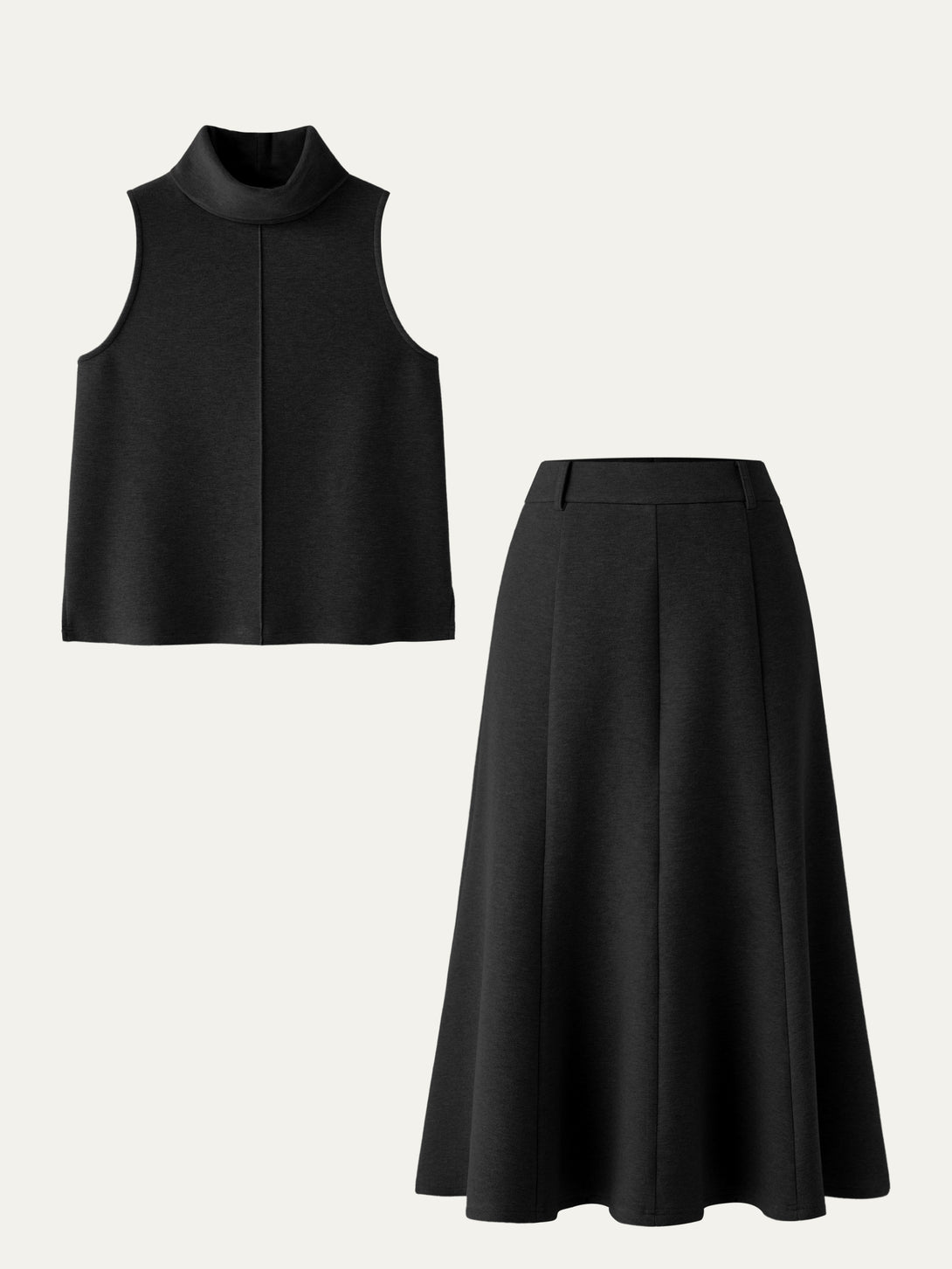 2Pcs Set Split Hem Top & High Waisted Midi Skirt Black XS