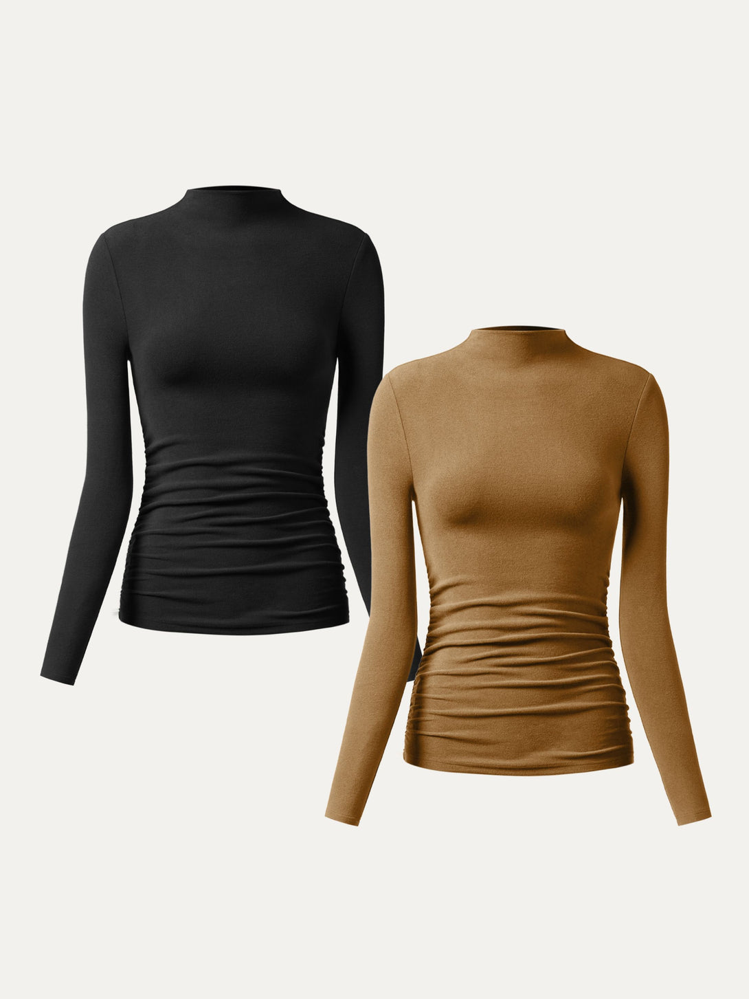 2Pcs Set Thermal Ruched Sides Tuckable Mockneck Top Black/Cinnamon Buff XS