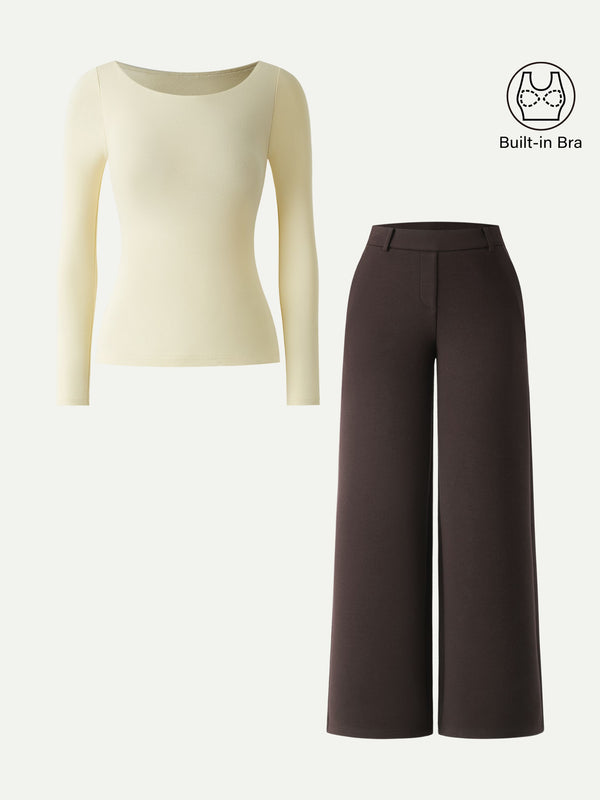 2Pcs Set Mid Rise Straight Leg Pull-on Pants & High Scoop Neck Long Sleeve Brami Espresso Shut/Butter Cream XS
