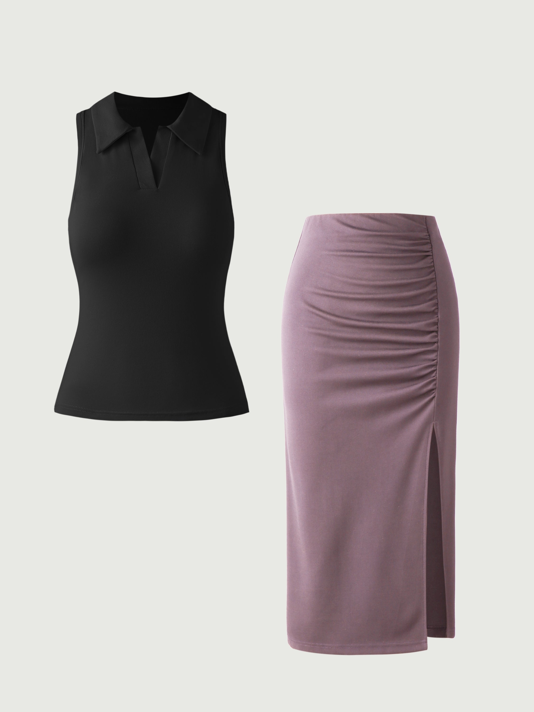 Cotton Polo Brami Tank & Ruching Slit Midi Skirt 2Pcs Set - Black/Taro Purple