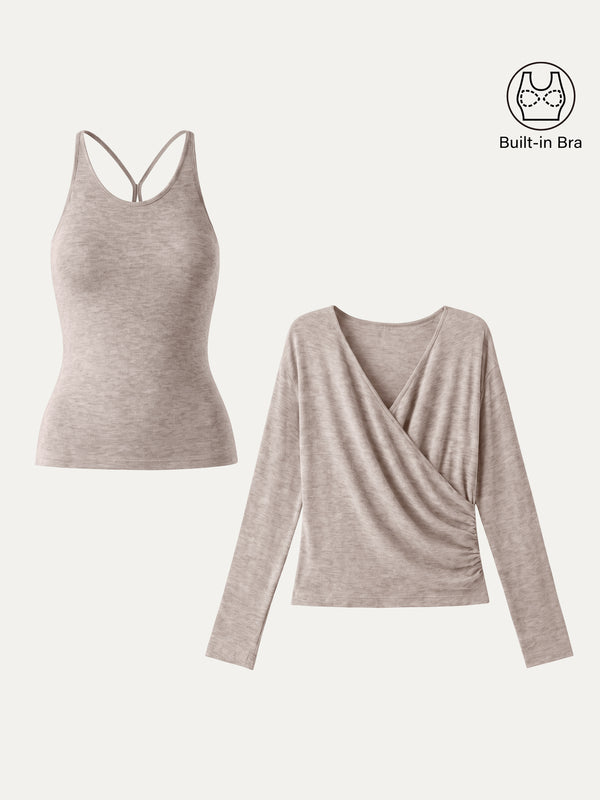 OGLmove LiteWarm Two-Piece Set Cami with Surplice Built-In Bra Top 2.0 Heather Pinky Mist XS