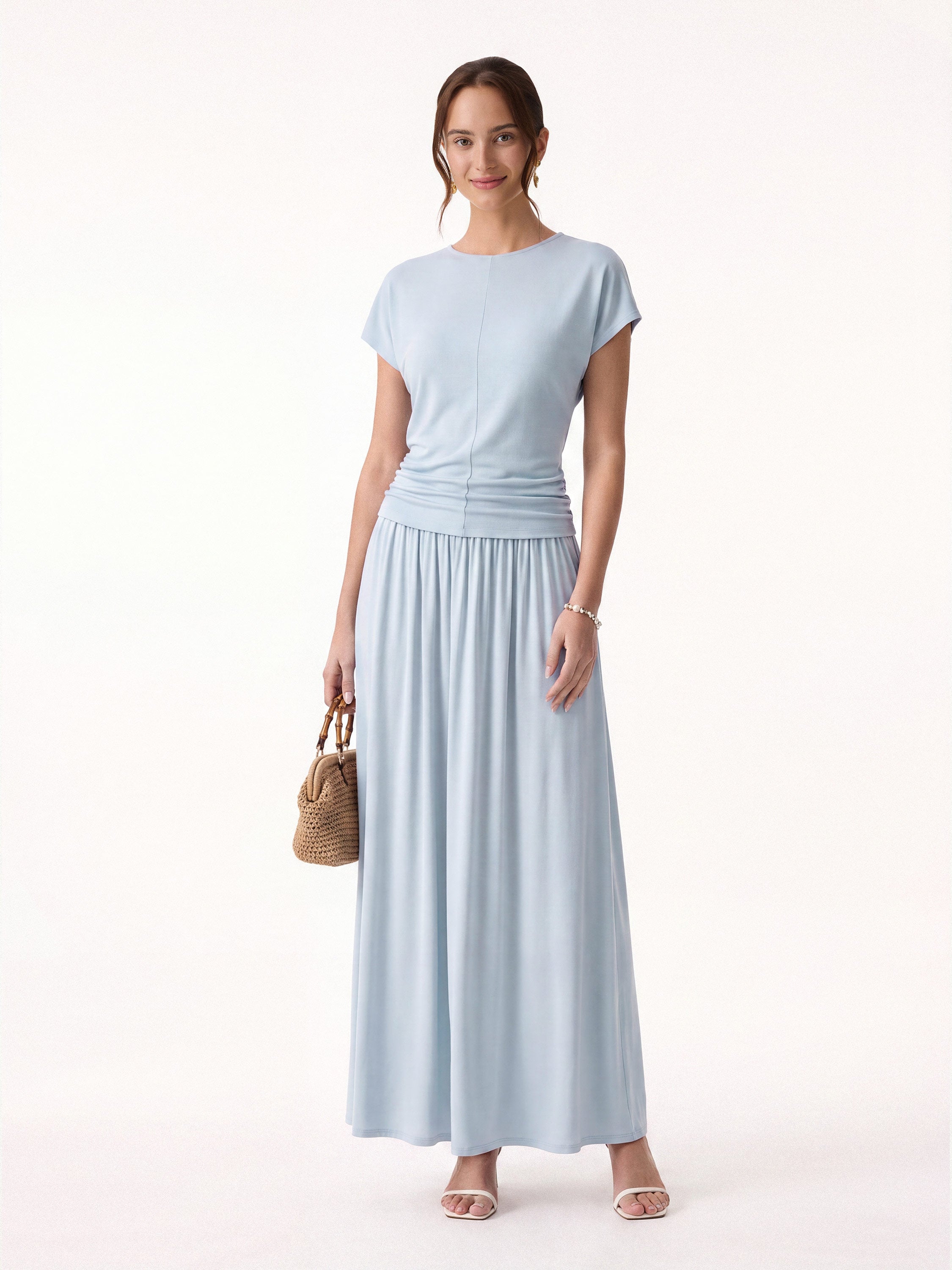 2Pcs Set Round Neck Top & A-Line Maxi Skirt
