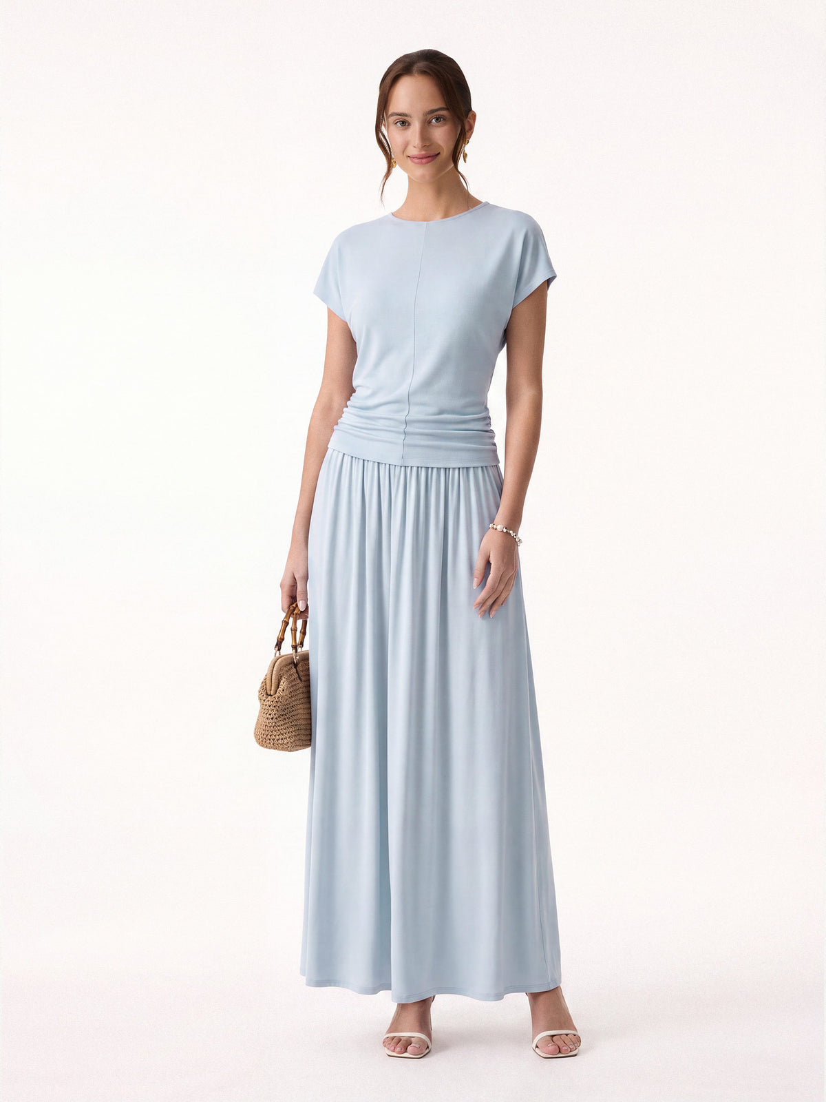 2Pcs Set Round Neck Top & Line Maxi Skirt