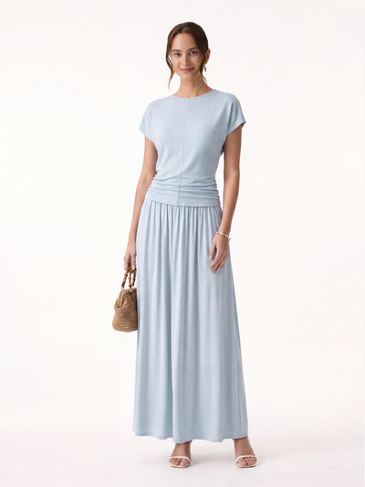 OGLmove 2Pcs Set Round Neck Top & A-Line Maxi Skirt Dew Sky XS