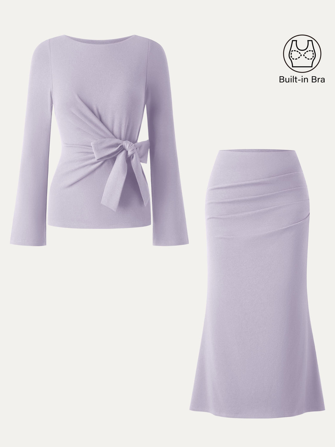 2Pcs Set Bow-Tie Belted Bell Sleeve Brami & Stretchy Tucked Flare Maxi Skirt Lilac Mist XS