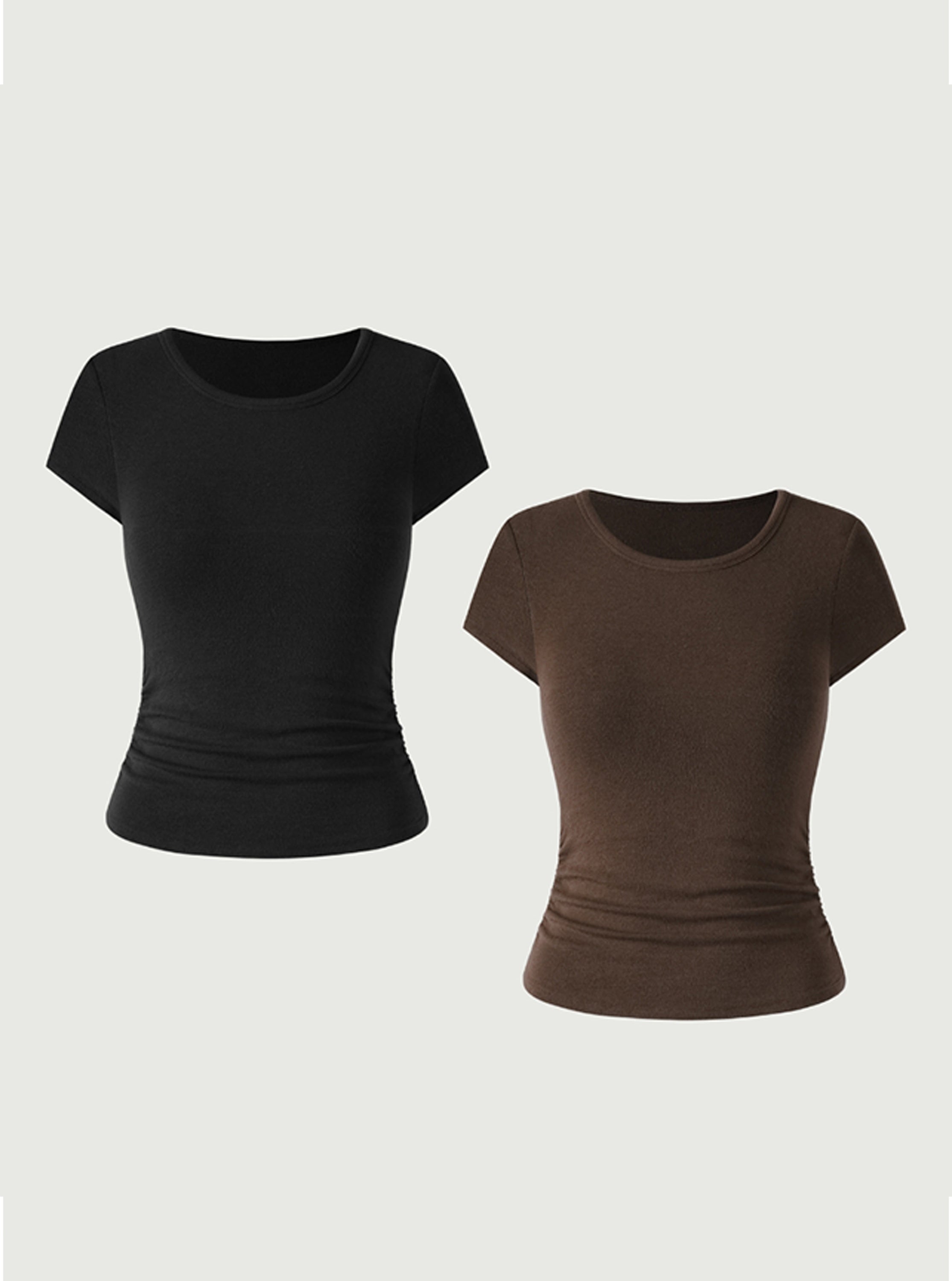 Eco-MiyaMoon® Round Neck Short Sleeve Brami Top 2Pcs Set - Marine/Dark Cocoa