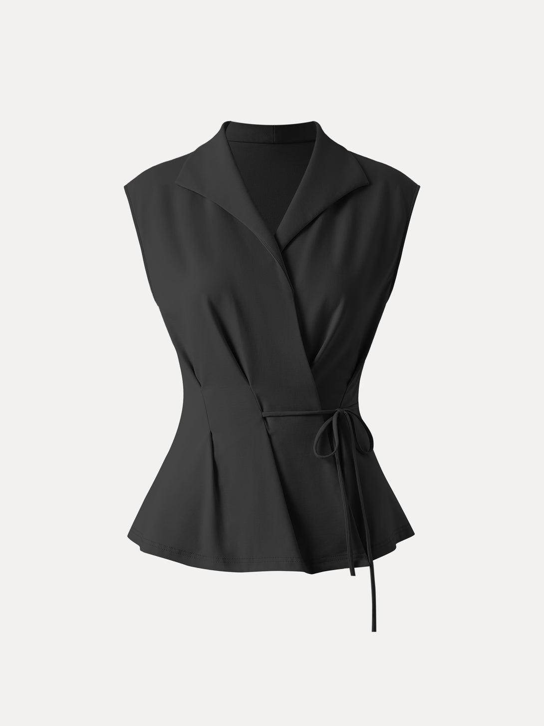 Icy Ponte Flap Collar Surplice Sleeveless Top with Drawstring Tie Black XS