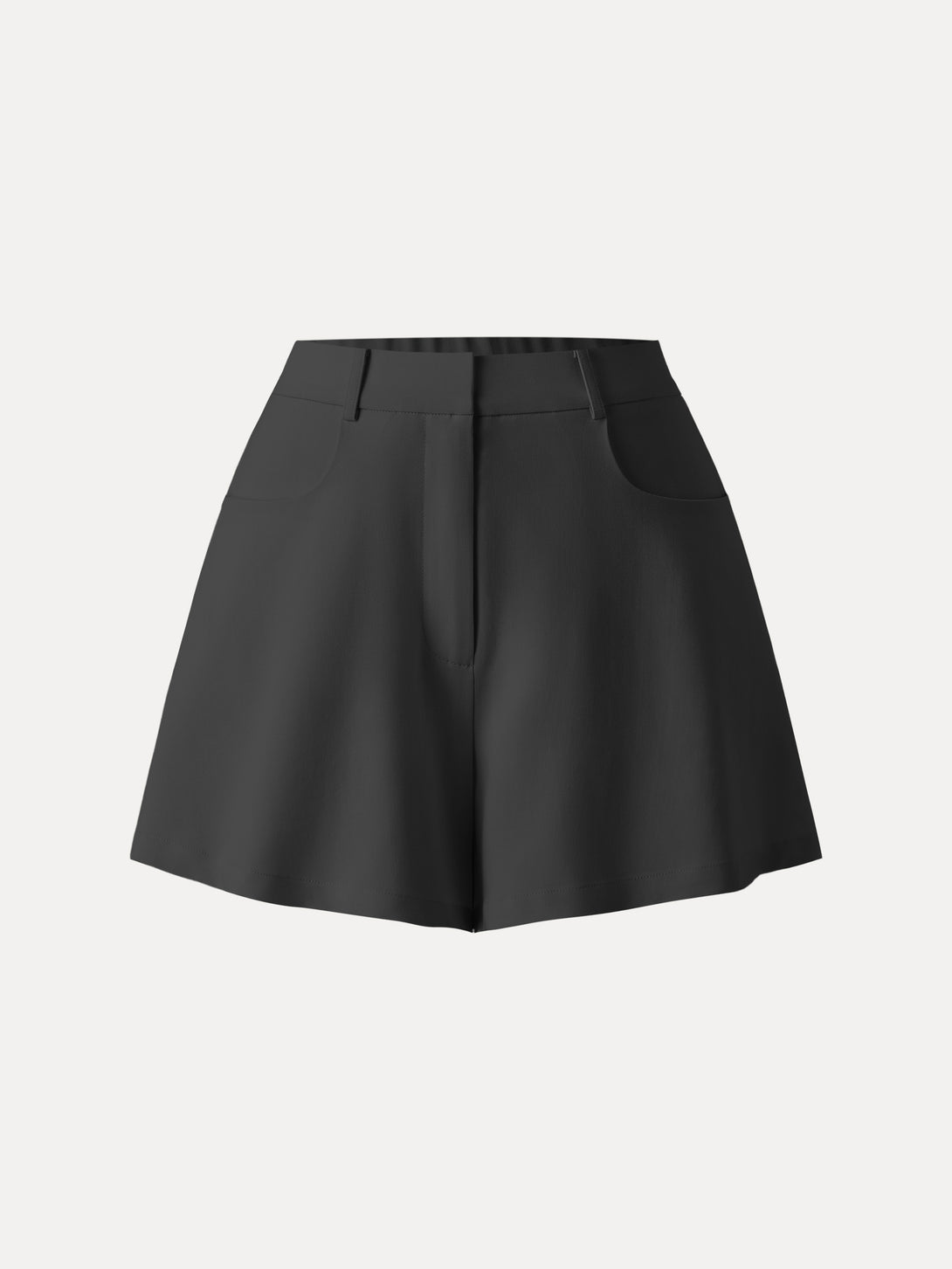 Tencel-Linen Mid Rise Fly Front Flared Shorts with Pockets Black XS