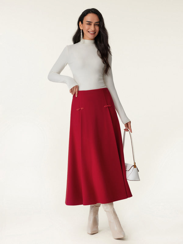 Felt Texture Frog Button A-Line Midi Skirt