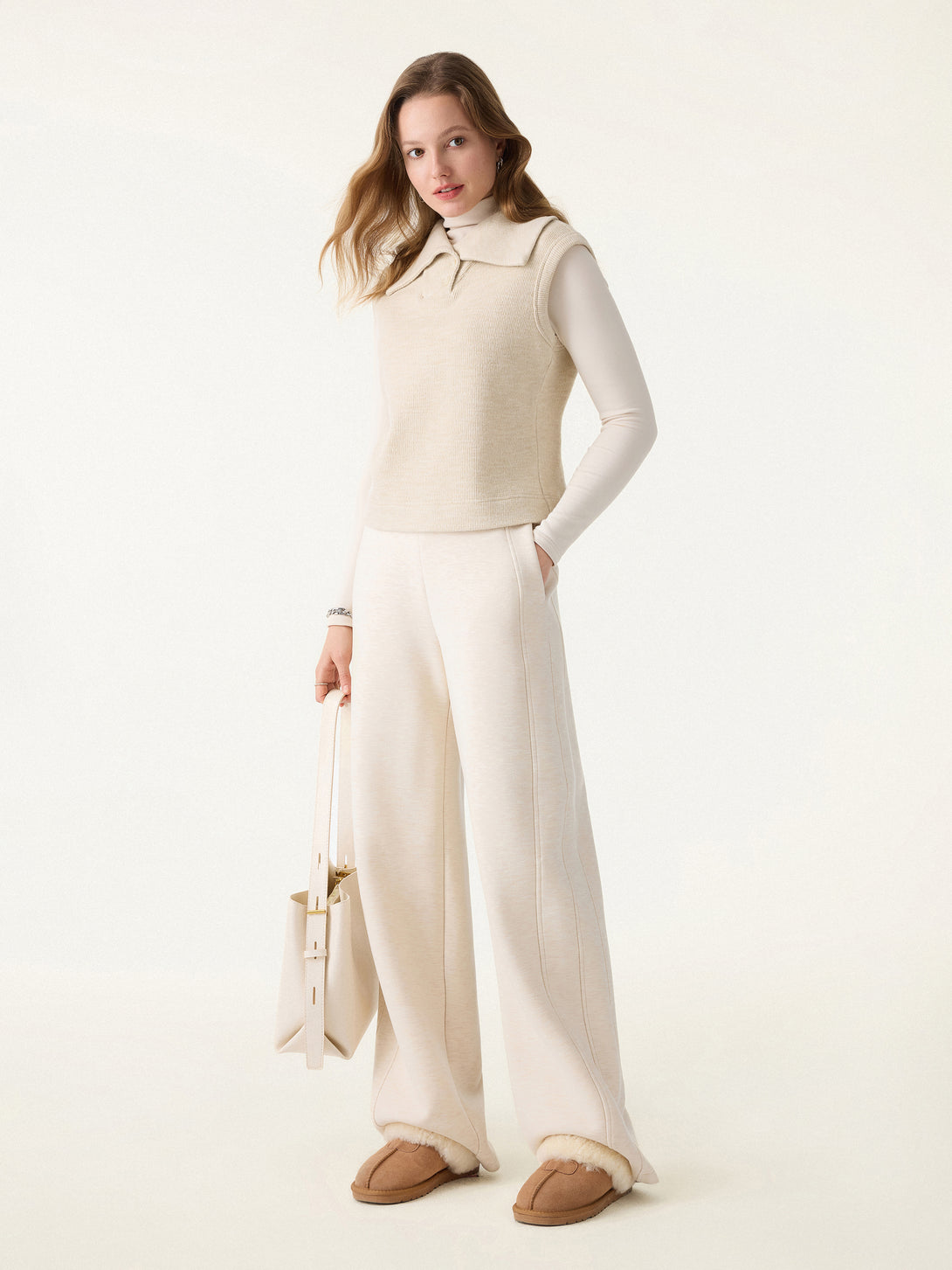 FuzzLuxe Mid Rise Wide Leg Pull-on Pants with Pockets Regular Heather Beige