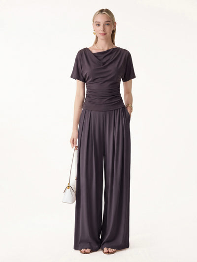OGLmove 2Pcs Set Cowl Neck Ruched Top & Wide Leg Palazzo Pant with Pockets Purple/Purple Gloam XS