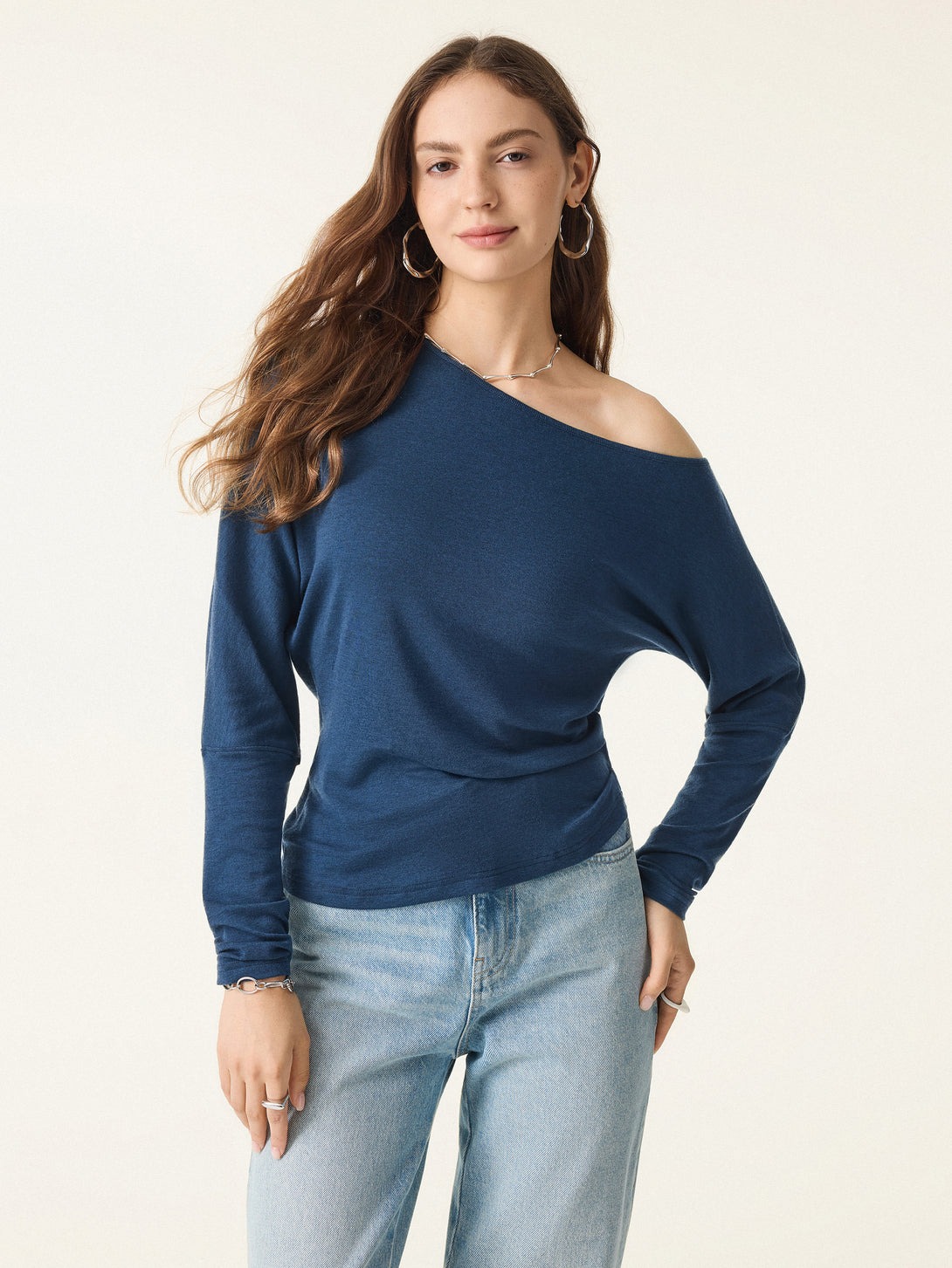 Lyocell Cashmere Cold-Shoulder Semi-Sheer Top