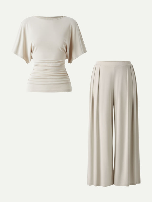 OGLmove 2Pcs Set Boatneck Batwing Sleeve Top & Wide Leg Palazzo Pant with Pockets