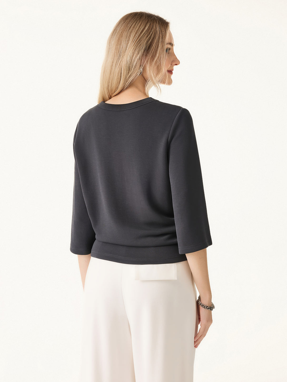 2Pcs Set Crewneck 3/4 Sleeve Top & Mid Rise Straight Leg Pull-on Trousers with Pockets