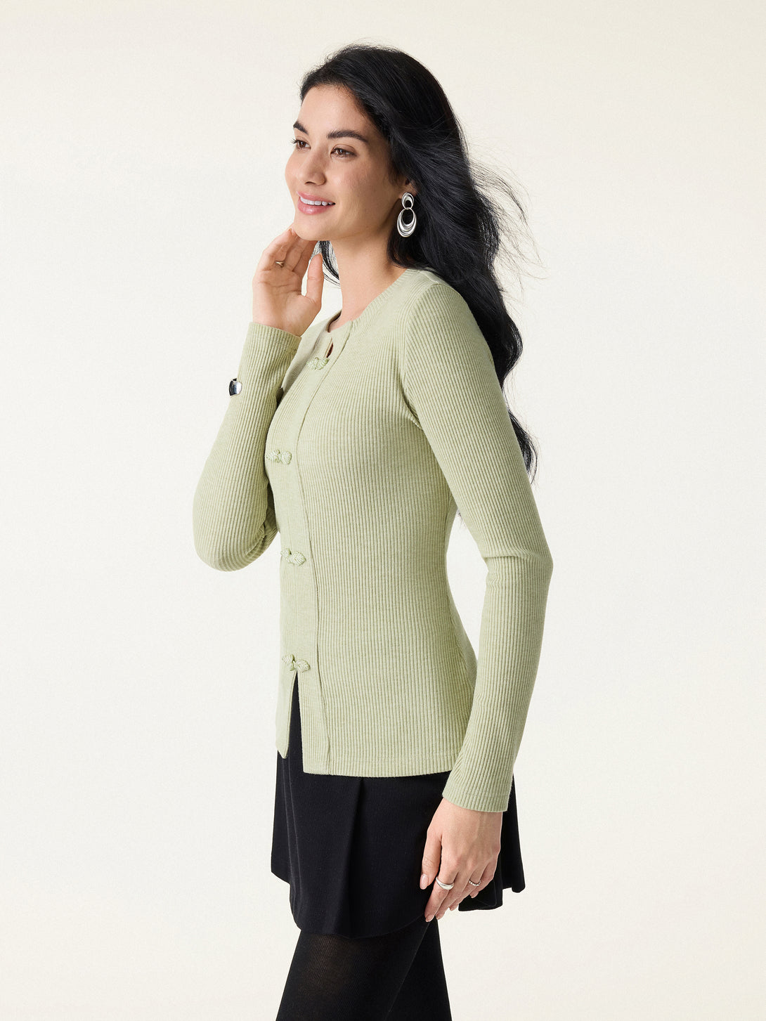 Ribbed Frog Button Round Neck Long Sleeve Top