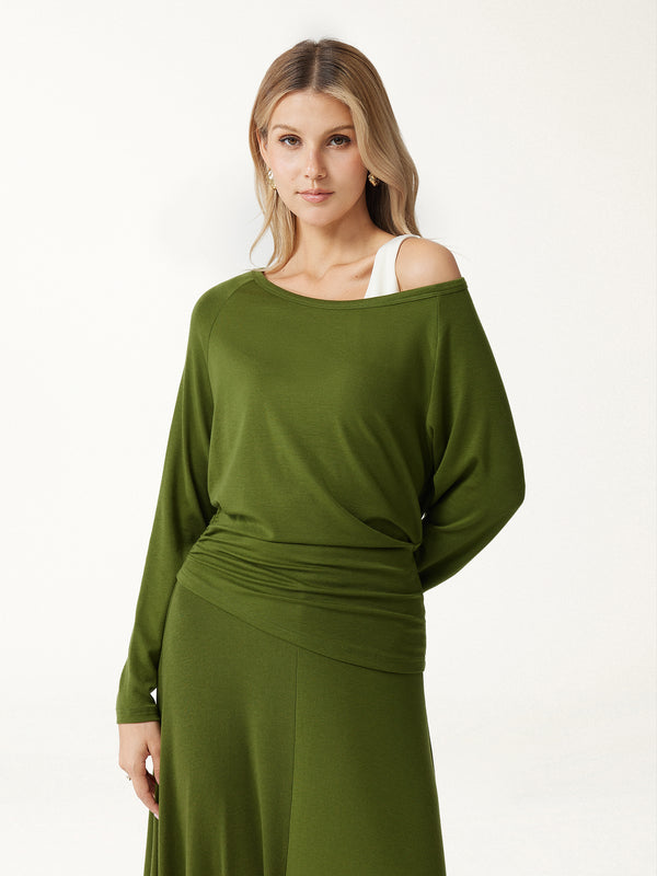 OGLmove LiteWarm Cashmere Blend Boatneck Convertible Off-Shoulder Ruched Top Kale XXS