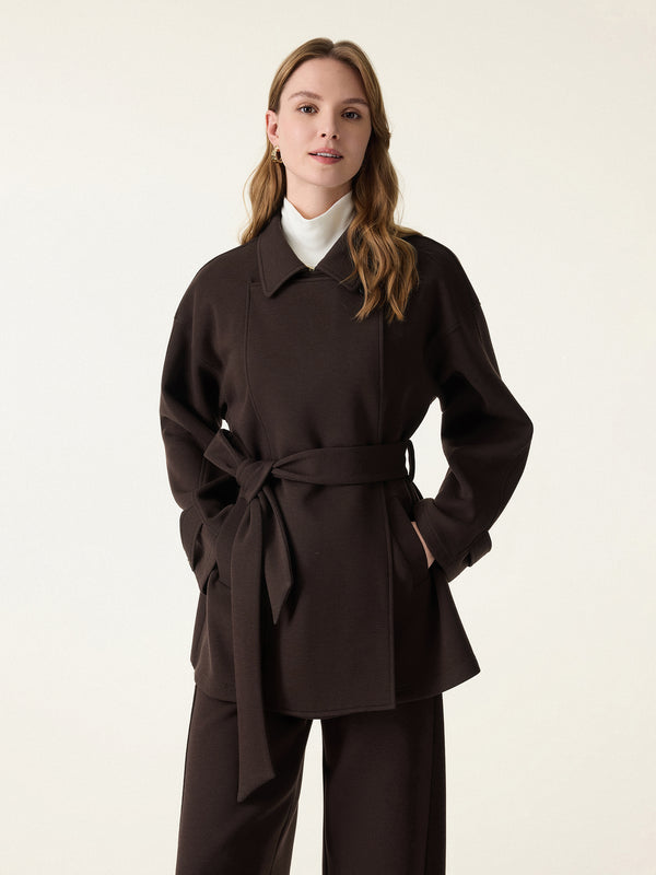 Classic Convertible Collar Belted Coat Espresso XS