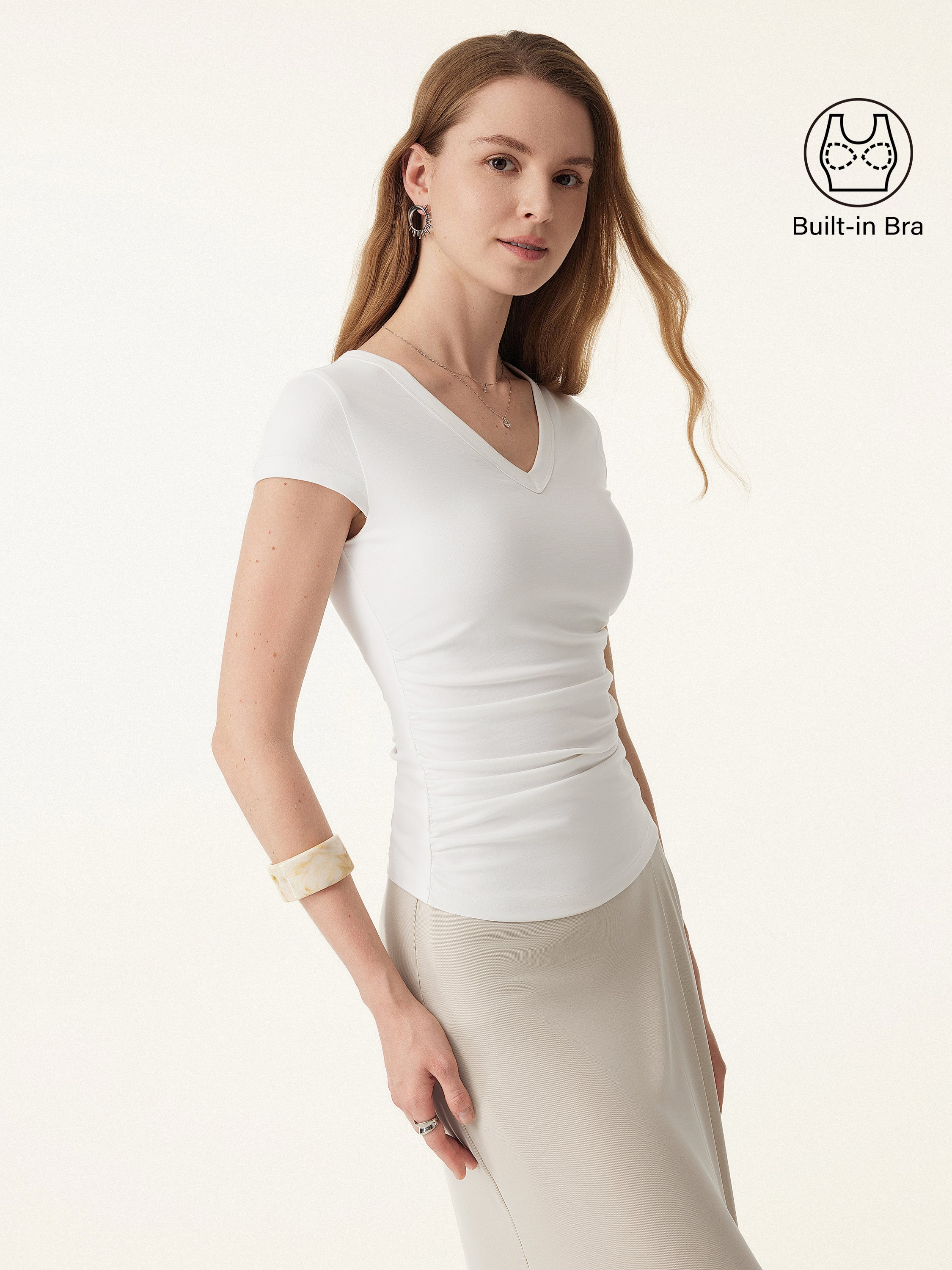 Elevated V neck Side Ruched Cap Sleeve Bra Tee